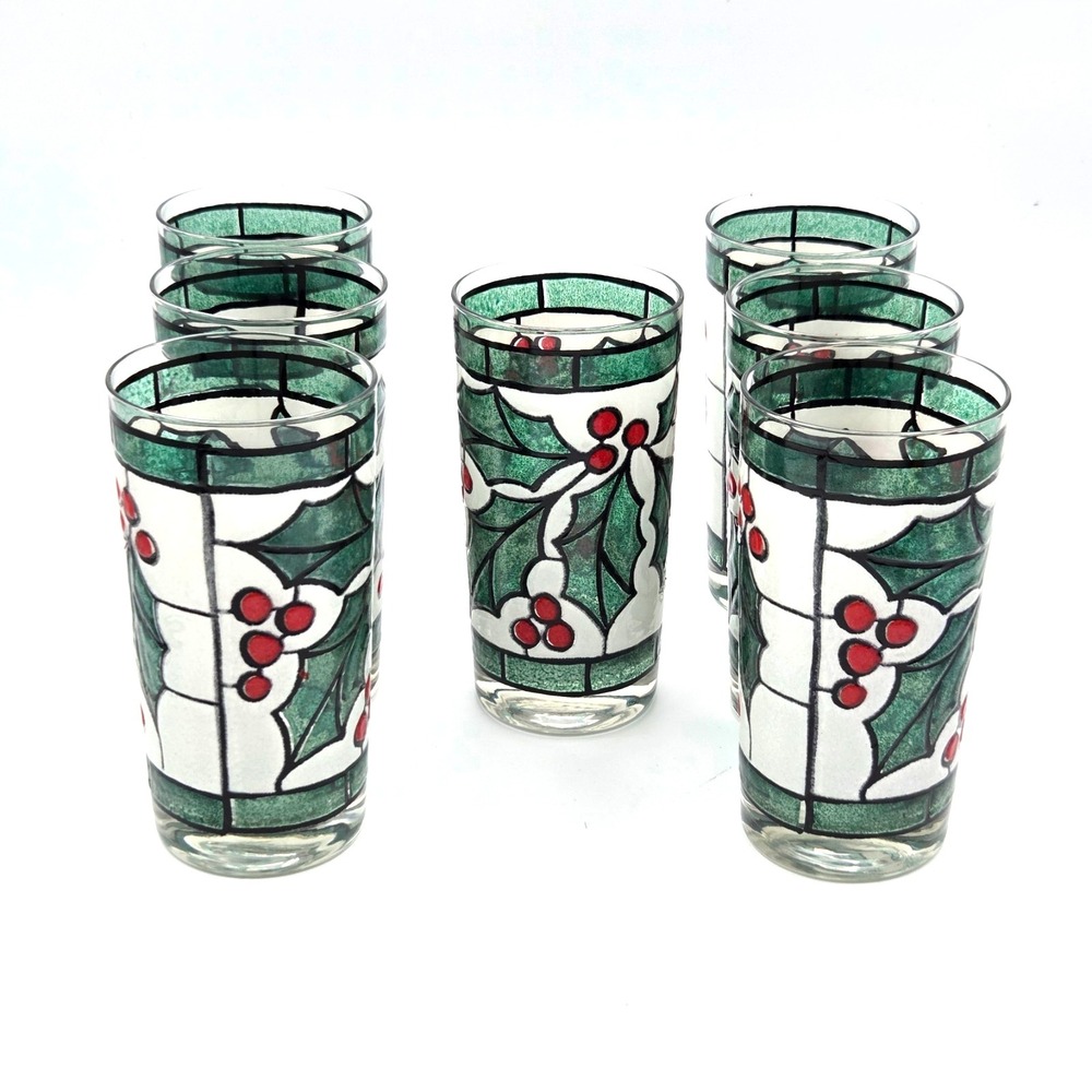 West Virginia Snowy Holly Berry Stained Glass Tumblers Lot of 7 Holiday 12oz